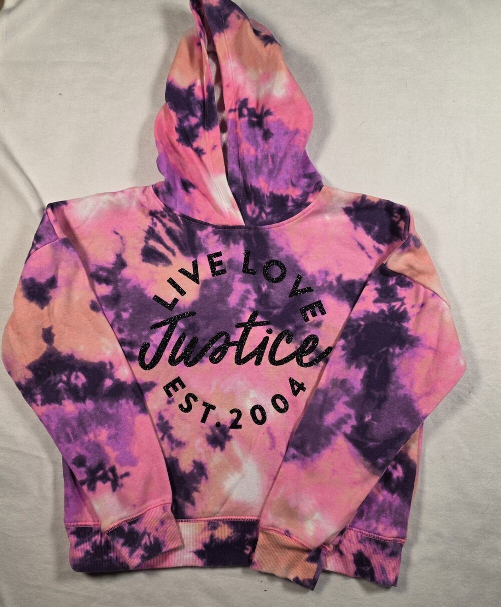 Justice Girls Hoodie Size L 12/14 Pink Purple Tie Dye Live Love Glitter Pullover